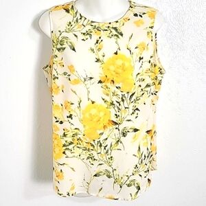 Alex Marie Sleeveless White Floral Blouse with Yellow Roses, Size Medium